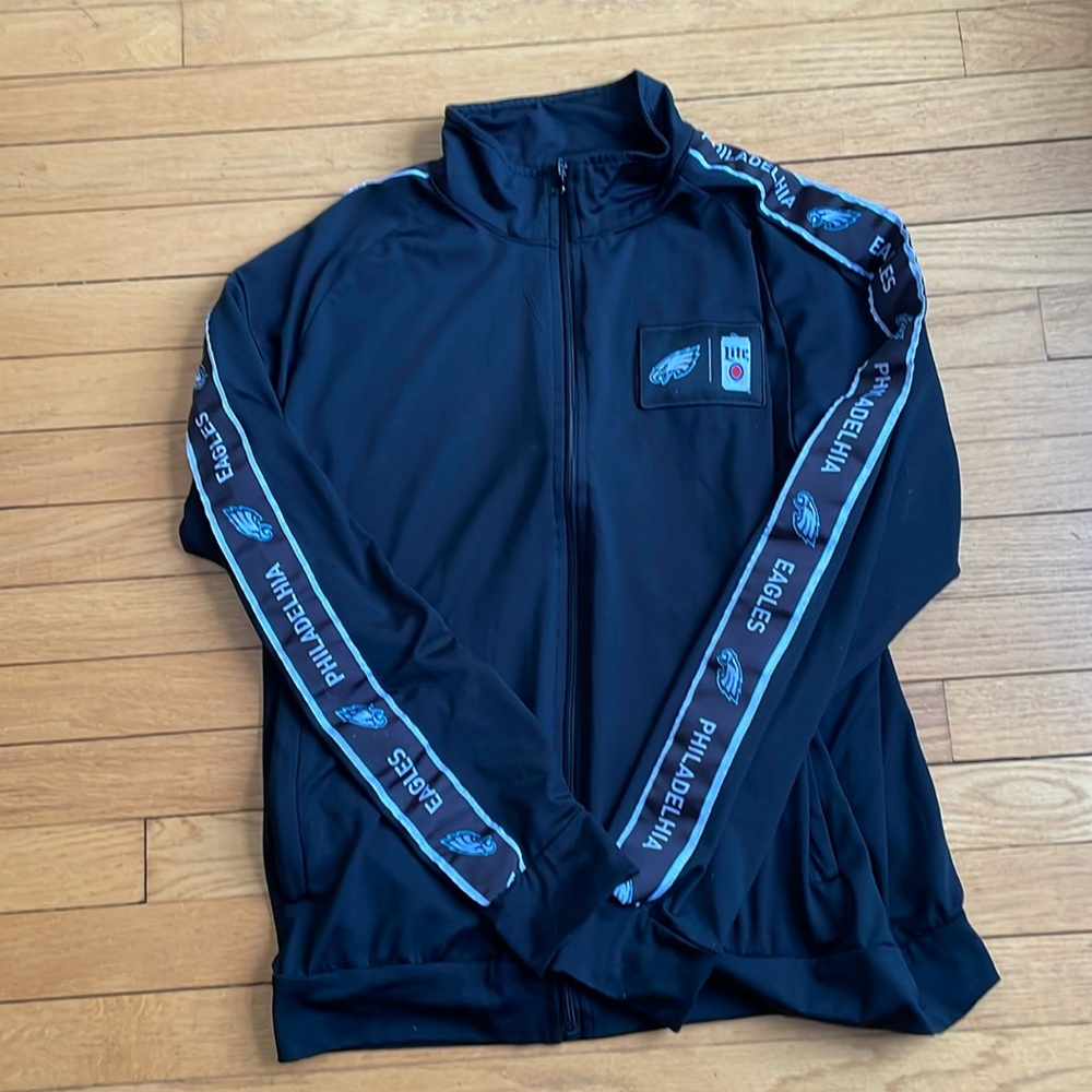 Black Philadelphia *misspelled* Philadelhia Eagles Lite Beer zip up jacket